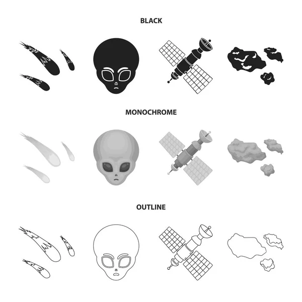 Asteróide, carro, meteorito, nave espacial, estação com baterias solares, o rosto de um alienígena. Conjunto de ícones de coleção de espaço em preto, monocromático, estilo esboço vetor símbolo estoque ilustração web . — Vetor de Stock