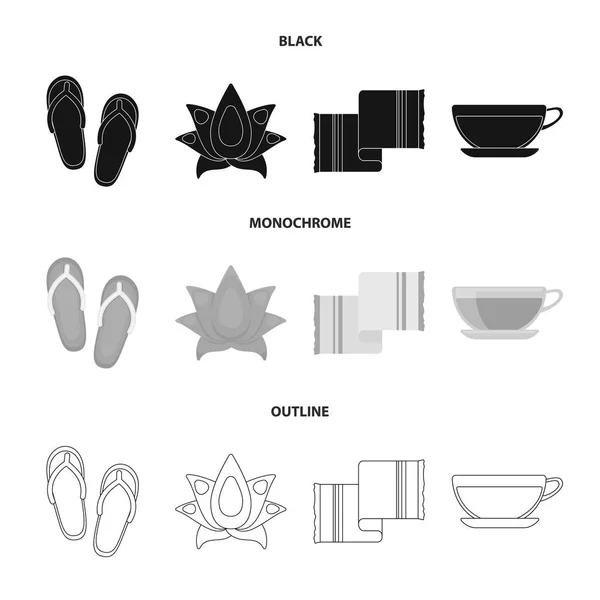 Flip-flops for the pool, lotus flower with petals, yellow towel with fringe, cup with tea, drink. Spa set collection icons in black,monochrome,outline style vector symbol stock illustration web. — Stock Vector