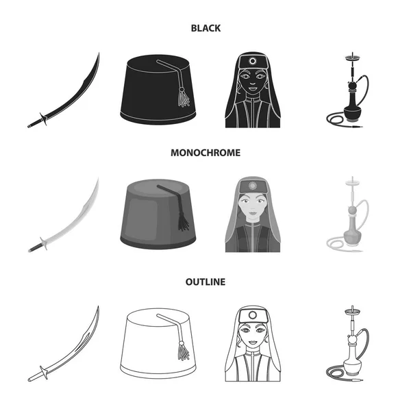 Turquía fez, yatogán, turco, hookah.Turkey conjunto de iconos de la colección en negro, monocromo, contorno estilo vector símbolo stock ilustración web . — Vector de stock
