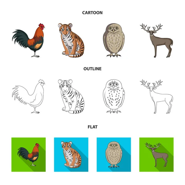 Gallo, tigre, ciervo, búho y otros animales.Animals conjunto de iconos de la colección en dibujos animados, contorno, plano estilo vector símbolo stock ilustración web . — Vector de stock