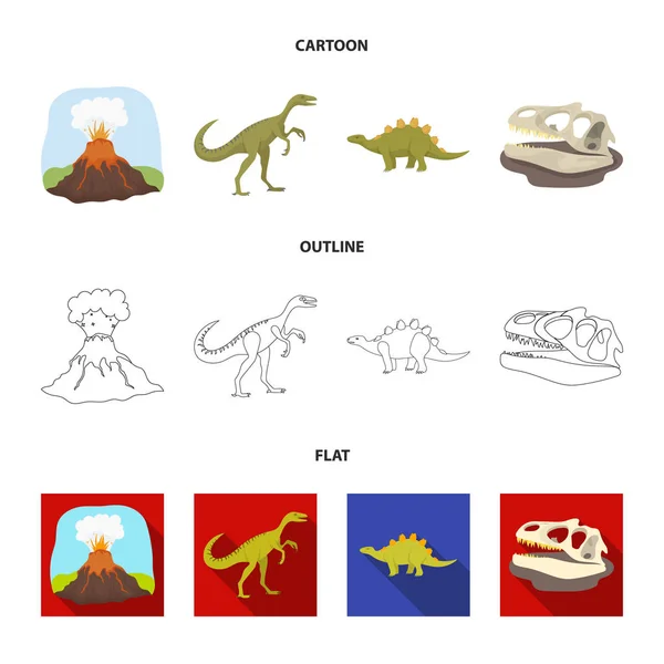 Vulkanutbrott, gallimimus, stegosaurus, dinosaurie skallen. Dinosaurier och förhistoriska period som samling ikoner i tecknad, skissera, platt stil vektor symbol stock illustration web. — Stock vektor