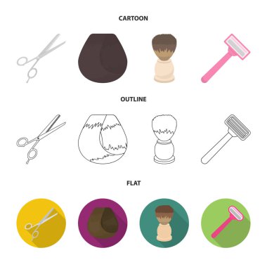 Makas, fırça, jilet ve diğer ekipmanlar. Kuaför koleksiyonu Icons set çizgi film, anahat, düz stil vektör simge stok çizim web.