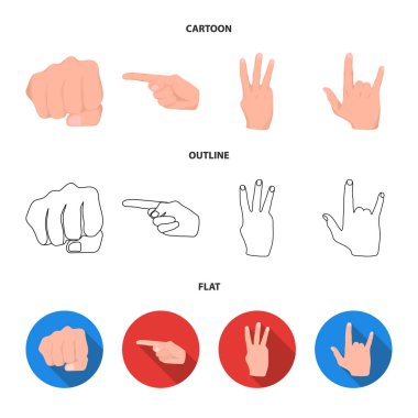 Kapalı yumruk, dizin ve diğer hareketleri. El hareketleri koleksiyonu Icons set çizgi film, anahat, düz stil vektör simge stok çizim web.