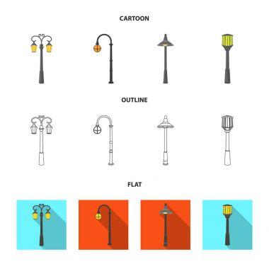 Retro tarzı, modern fener, meşale ve diğer tip-in sokak sokak lâmbası direği. Elektrik direği koleksiyonu Icons set çizgi film, anahat, düz stil vektör simge stok çizim web.