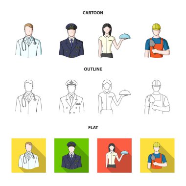 Doktor, pilot, Garson kız, builder, mason. Meslek koleksiyonu Icons set çizgi film, anahat, düz stil vektör simge stok çizim web.