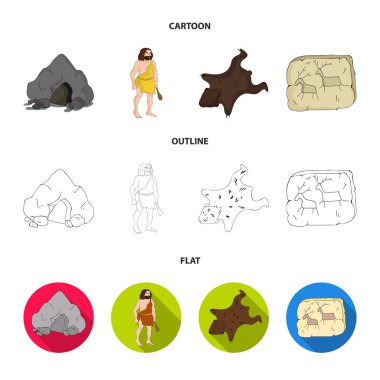Antik, dünya, Taş Devri. Taş Devri koleksiyonu Icons set çizgi film, anahat, düz stil vektör simge stok çizim web.