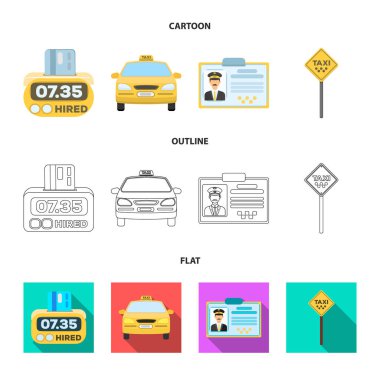 Taksi, taksi Araba, sürücü rozet, araba park çok fare counter. Taksi koleksiyonu Icons set çizgi film, anahat, düz stil vektör simge stok çizim web.