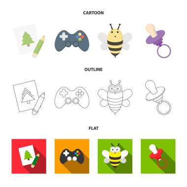 Resim, dzhostik, arı, meme ucu. Oyuncak koleksiyonu Icons set çizgi film, anahat, düz stil vektör simge stok çizim web.