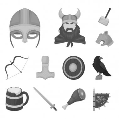 Vikingler ve öznitelikler tek renkli simgeler set koleksiyonu tasarım için. Eski İskandinav savaşçı vektör simge stok web çizimi.