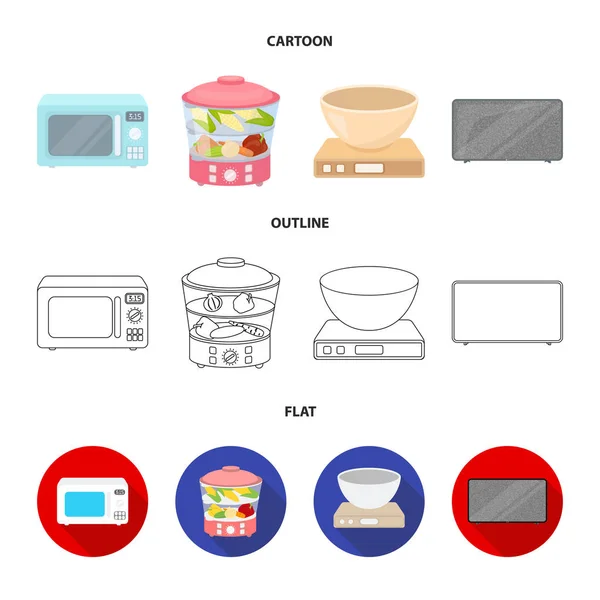 Steamer, microwave oven, skala, lcd tv.Household set collection icons in cartoon, outline, flat style vector symbol illustration web . - Stok Vektor