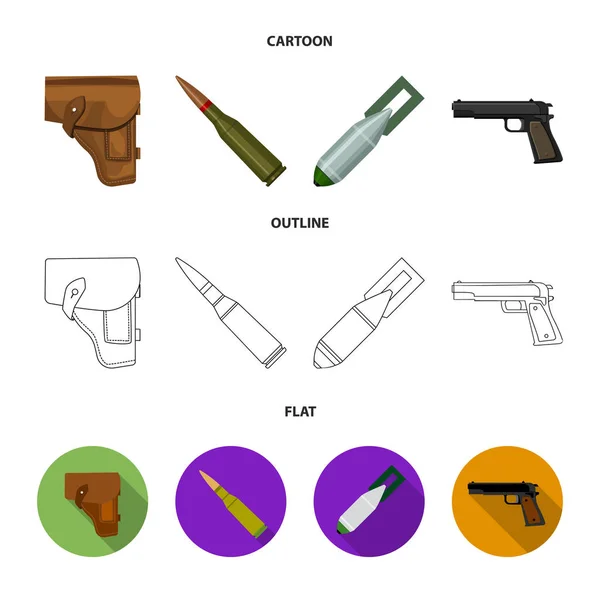 Fondina, cartuccia, bomba ad aria compressa, pistola. Militare e esercito set di icone di raccolta in cartone animato, contorno, stile piatto vettore simbolo stock illustrazione web . — Vettoriale Stock