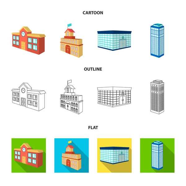 Bureau de banque, gratte-ciel, hôtel de ville, collège. Architecture et structure ensemble collection icônes en dessin animé, contour, plat style vectoriel symbole illustration web . — Image vectorielle