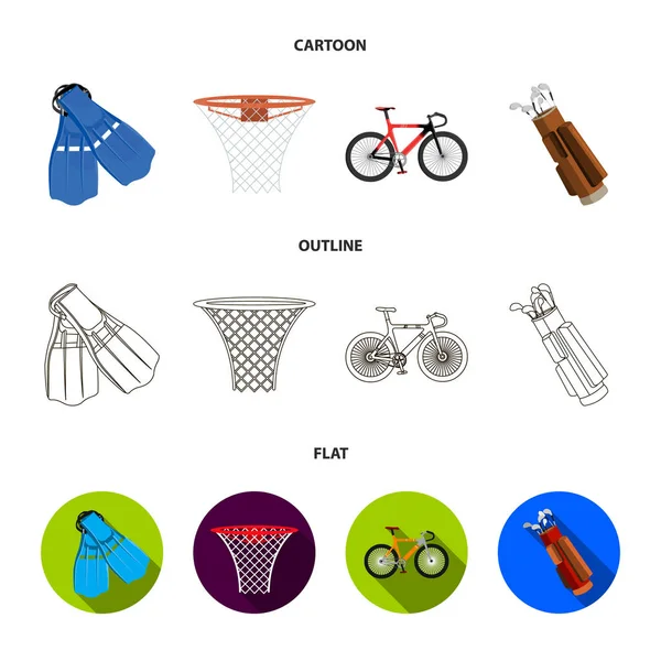 Flippers for swimming, basketball basket, net, racing holograph, golf bag. Sport set collection icons in cartoon,outline,flat style vector symbol stock illustration web. — Stock Vector