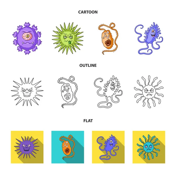 Diferentes tipos de microbios y virus. Los virus y bacterias establecen iconos de colección en dibujos animados, contorno, estilo plano vector símbolo stock ilustración web . — Vector de stock