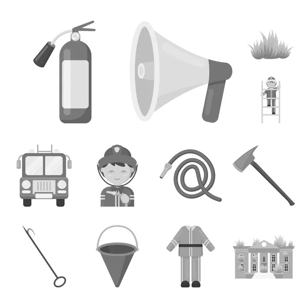 Brandweer zwart-wit pictogrammen in set collectie voor design. Brandweerlieden en apparatuur vector symbool voorraad web illustratie. — Stockvector