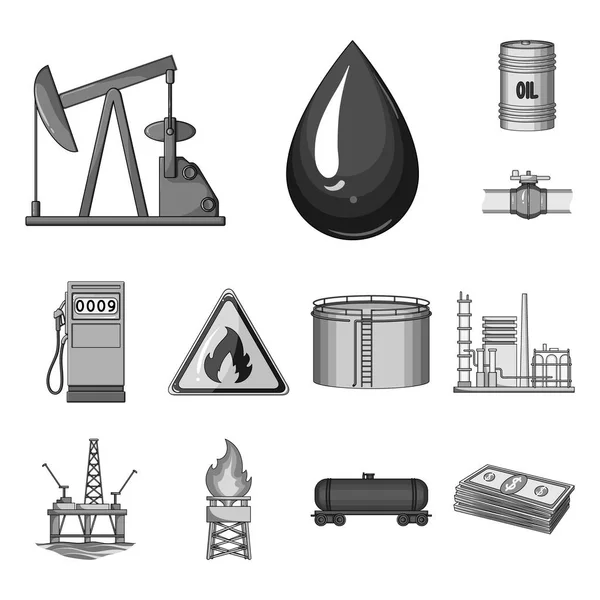 Icônes monochromes de l'industrie de l'huile dans la collection ensemble pour le design. Matériel et production d'huile symbole vectoriel stock illustration web . — Image vectorielle