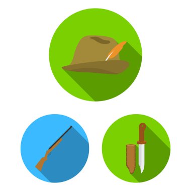 Düz set koleksiyonu tasarım için simgeleri Avcılık ve kupa. Avcılık ve ekipman sembol stok web illüstrasyon vektör.