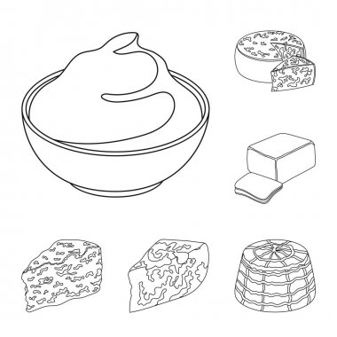 Farklı tür bir peynir anahat simgeleri design.Milk ürün peynir vektör simge stok web çizim için küme toplama.