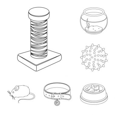 Set koleksiyonu tasarım için evde beslenen hayvan dükkan anahat simgeleri. Hayvanlar için ürünler sembol stok web illüstrasyon vektör.