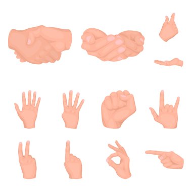 Set koleksiyonu tasarım için el jest karikatür simgeler. Palmiye ve parmak sembol stok web illüstrasyon vektör.