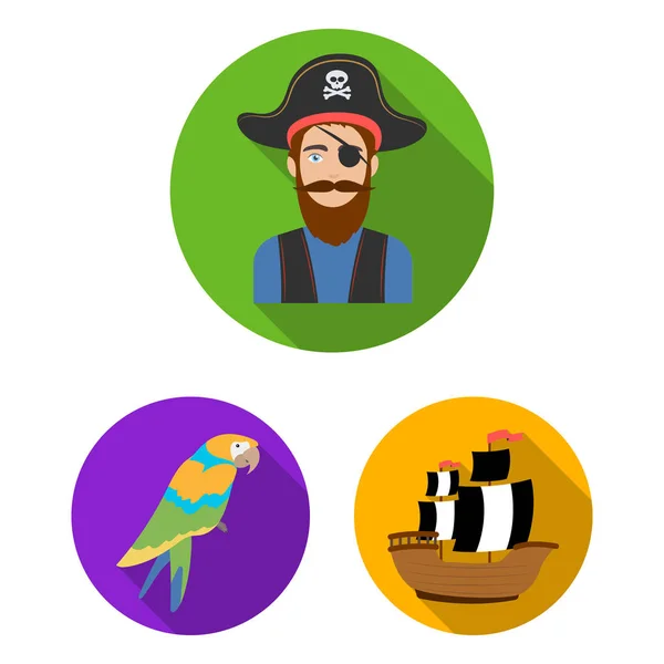 Pirat, havet rånare platt ikoner i set samling för design. Skatter, attribut vektor symbol lager web illustration. — Stock vektor