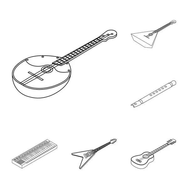 Ícones de contorno de instrumentos musicais na coleção de conjuntos para design. Instrumento de corda e vento isométrico vetor símbolo web ilustração . — Vetor de Stock