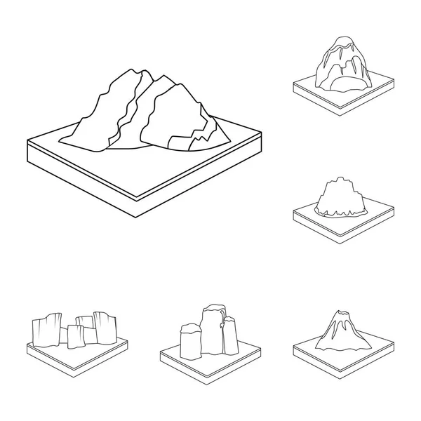 Montanhas, ícones de contorno maciços na coleção de conjuntos para design. A superfície da terra vetor isométrico símbolo estoque web ilustração . —  Vetores de Stock