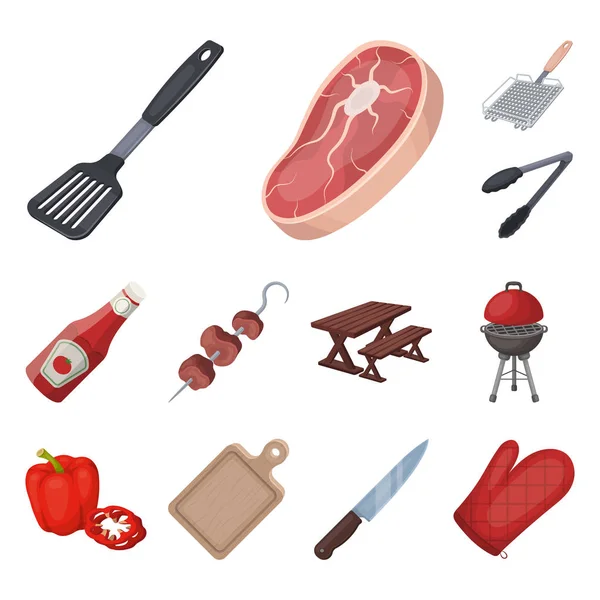 Barbacoa y equipo iconos de dibujos animados en la colección de conjuntos para el diseño. Picnic y comida frita vector símbolo stock web ilustración . — Vector de stock