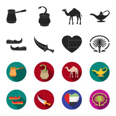 Doğu ayakkabı, hançer, emirates, kalbinde Palm Jumeirah.Arab Emirlikleri ayarla koleksiyon simgeler siyah, flet stil vektör simge stok çizim web içinde.