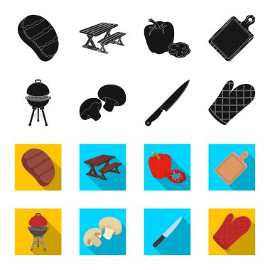 Barbekü Izgara, petrol, bıçak, Barbekü mitten. Barbekü koleksiyonu Icons set siyah, flet stil vektör simge stok illüstrasyon, web