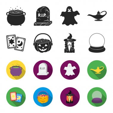 Tarot kartları, tatil Cadılar Bayramı, sihirbaz şapkalı, kristal top. Siyah ve beyaz büyü toplama simgeler siyah, flet stil vektör simge stok çizim web içinde ayarla..