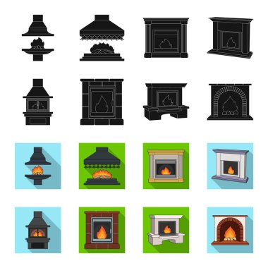 Yangın, sıcaklık ve konfor. Şömine toplama simgeler siyah, flet stil vektör simge stok çizim web içinde ayarla..