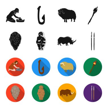 İlkel, kadın, erkek, sığır. Taş Devri toplama simgeler siyah, flet stil vektör simge stok çizim web içinde ayarla..