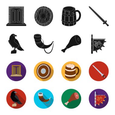 Karga, boynuz içki, jambon, zafer bayrak ile oturuyor. Vikingler toplama simgeler siyah, flet stil vektör simge stok çizim web içinde ayarla..