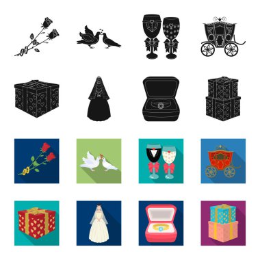 Düğün ve öznitelikleri siyah, flet simgeler toplama tasarımı için ayarlayın. Sembol stok web illüstrasyon vektör yeni evliler ve aksesuarları.