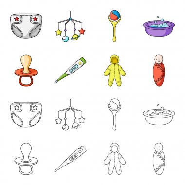 Emzik, elektronik termometre, Çocuk tulumları, çocuk bezi. Bebek set simgeler çizgi film, anahat stili vektör simge stok çizim web tarihi..