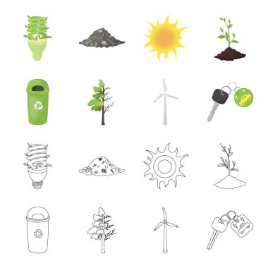 Çöp kutusu, hastalıklı bir ağaç, bir rüzgar türbini, biyo araba anahtarı. Biyoloji ve ekoloji çizgi film, anahat stili vektör simge stok çizim web simgeler ayarla.