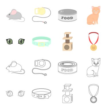 Kedi gözleri, tasma, bir ev için bir kedi, bir madalya şerit. Kedi çizgi film, anahat stili vektör simge stok çizim web simgeler ayarla.