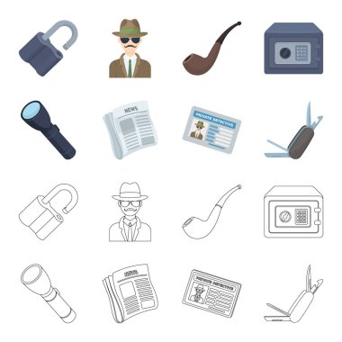 El feneri, gazete haberleri, sertifika, katlama bıçak ile. Dedektif toplama simgeler çizgi film, anahat stili vektör simge stok çizim web ayarla..