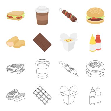 Çikolata, erişte, nuggets, sos. Fast food toplama simgeler çizgi film, anahat stili vektör simge stok çizim web ayarla..