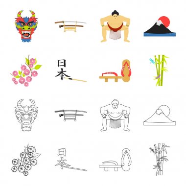 Geta, sakura çiçekler, bambu, hiyeroglif. Japonya toplama simgeler çizgi film, anahat stili vektör simge stok çizim web ayarla..