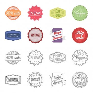 Sayılı seri, vintage, mega discont, kazmak Satılık. Etiket, çizgi film, anahat stili vektör simge stok çizim web simgeler ayarla.