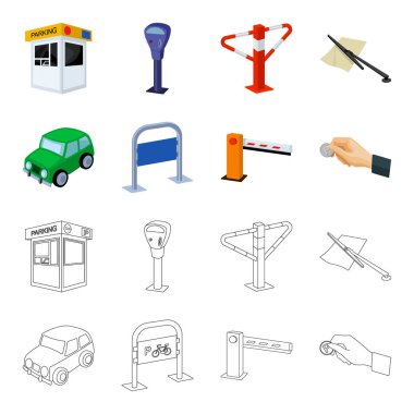 Araban, bariyer, Bisiklet park yeri, para el için ödeme Park. Buraya park edilmez toplama simgeler çizgi film, anahat stili vektör simge stok çizim web ayarla..