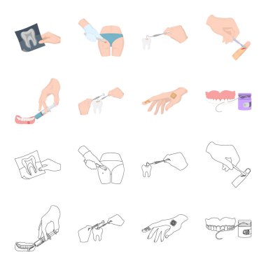 Anestezik enjeksiyon, diş enstrüman, el manipülasyon, Diş Temizleme ve diğer web simgesi karikatür, anahat style.bactericidal sıva, tıp simgeler koleksiyonu ayarla.