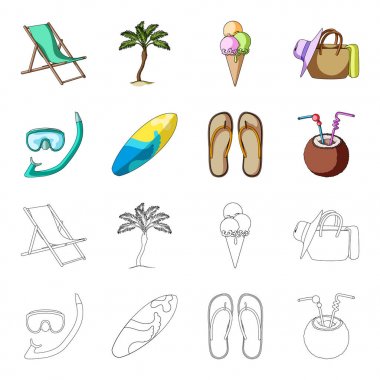 Dalış, sörf, kokteyl. Yaz tatili toplama simgeler çizgi film, anahat stili vektör simge stok çizim web ayarla..