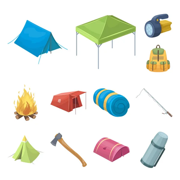 Diferentes tipos de tendas ícones de desenhos animados na coleção de conjuntos para design. Abrigo temporário e habitação símbolo vetor web ilustração . —  Vetores de Stock