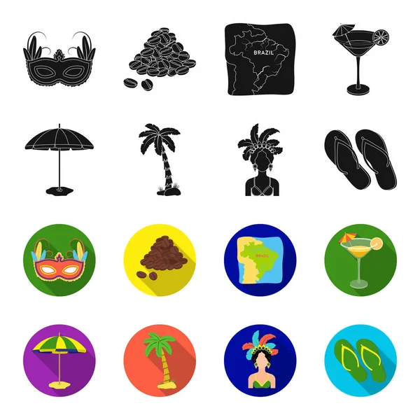 国、傘、ビーチ、ブラジル。ブラジル国は黒、フレッツ スタイルのベクトル シンボル ストック イラスト web でコレクションのアイコンを設定. — ストックベクタ