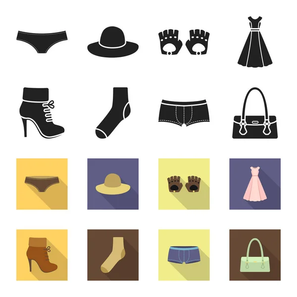 Vrouwen Botjes, sokken, shorts, dames tas. Kleding instellen collectie iconen in zwart, flet stijl vector symbool stock illustratie web. — Stockvector