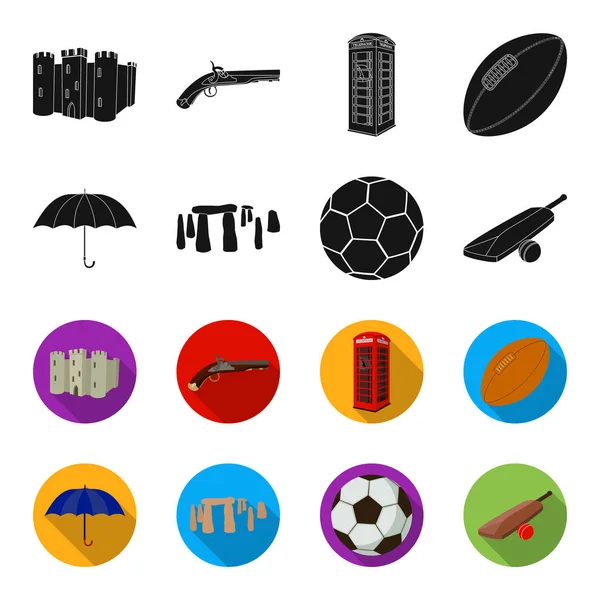 Πέτρα, μπάλα, ομπρέλα, κρίκετ. Αγγλία χώρας οριστεί συλλογή εικονιδίων σε μαύρο, flet στυλ διάνυσμα σύμβολο μετοχής εικονογράφηση web. — Διανυσματικό Αρχείο
