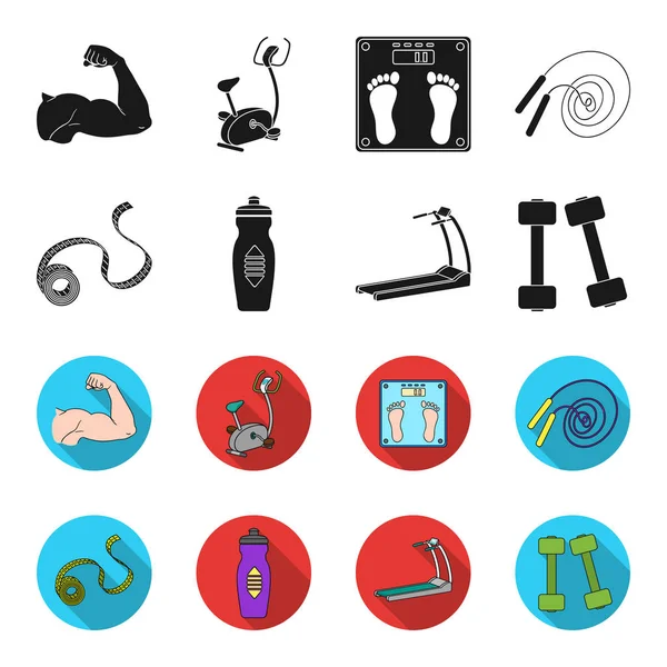 Maßband, Wasserflasche, Laufband, Hanteln. fitnes set collection icons in schwarz, flet style vektor symbol stock illustration web. — Stockvektor